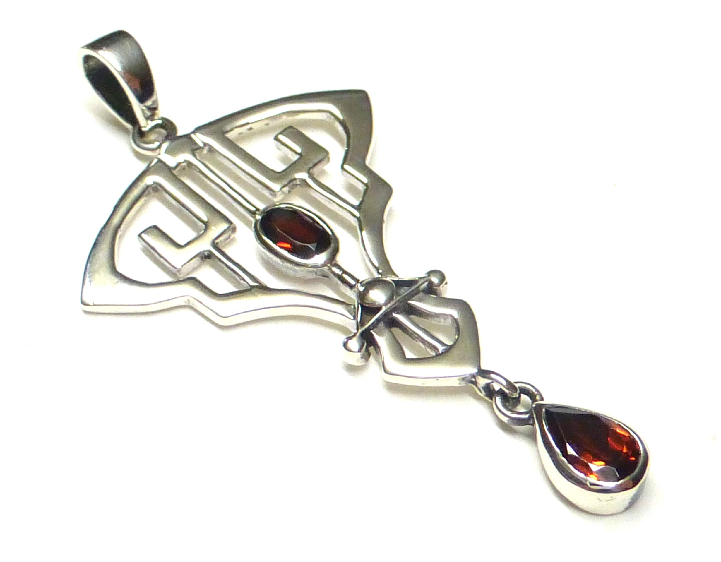 Silver Art Nouveau Garnet Stones Pendant Sterling Silver Present Gift Jewellery for Women, Sterling Silver