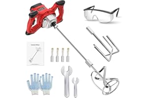 Vkdemer Electric Handheld Cement Mixer, 2pcs Mixing Heads Included, Portable Mortar Mixer with 6 Adjustable Speed, 110V Mud Mixer for Mixing Plaster,Cement, Paint, Fodder