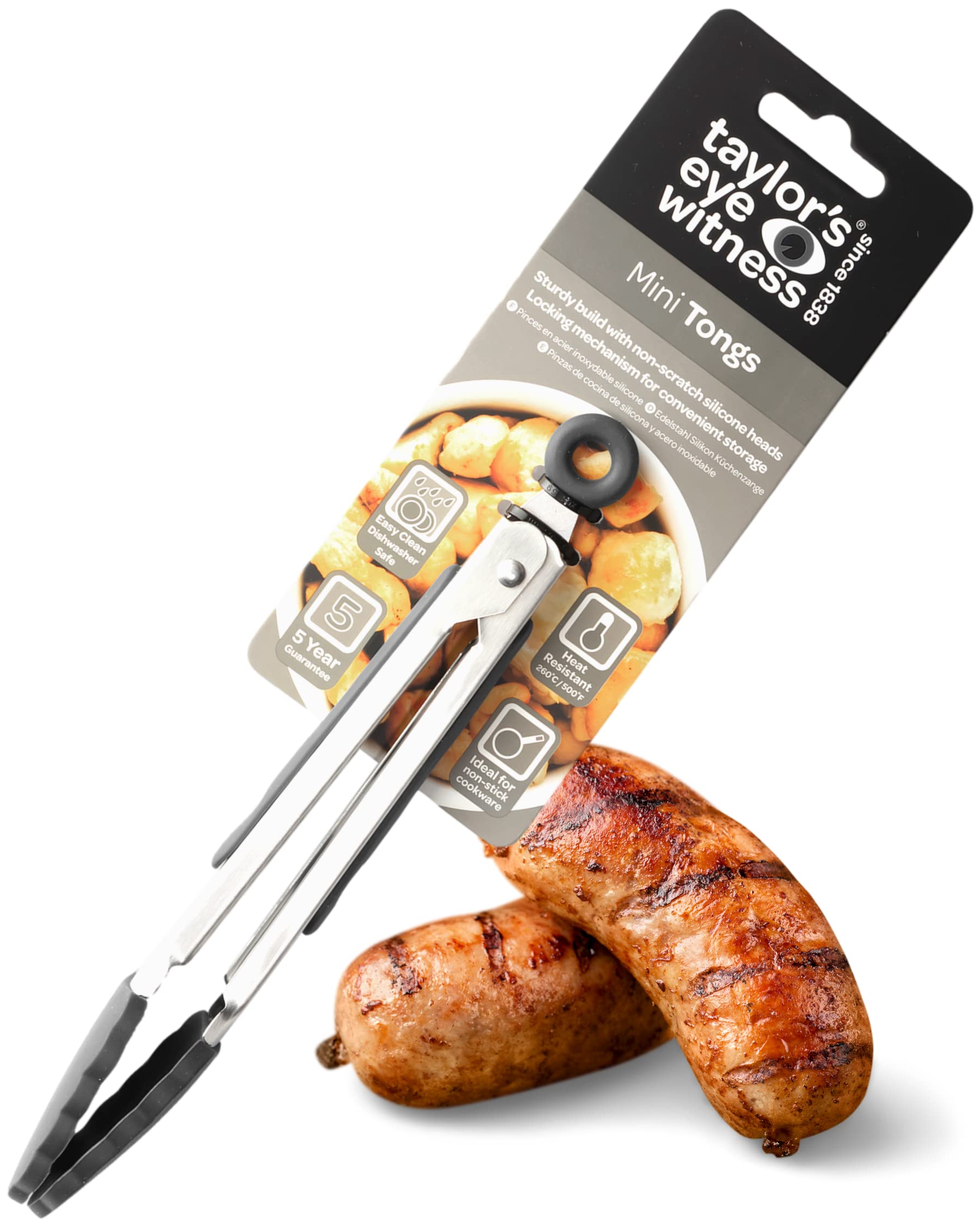 Taylors Eye Witness Small Steel Black Silicone Tongs - Dishwasher Safe. Sturdy Build, Non-Scratch Heads and Convenient Locking Mechanism. Odour, Stain & Heat Resistant (260°C/500°F). 5 Year Guarantee