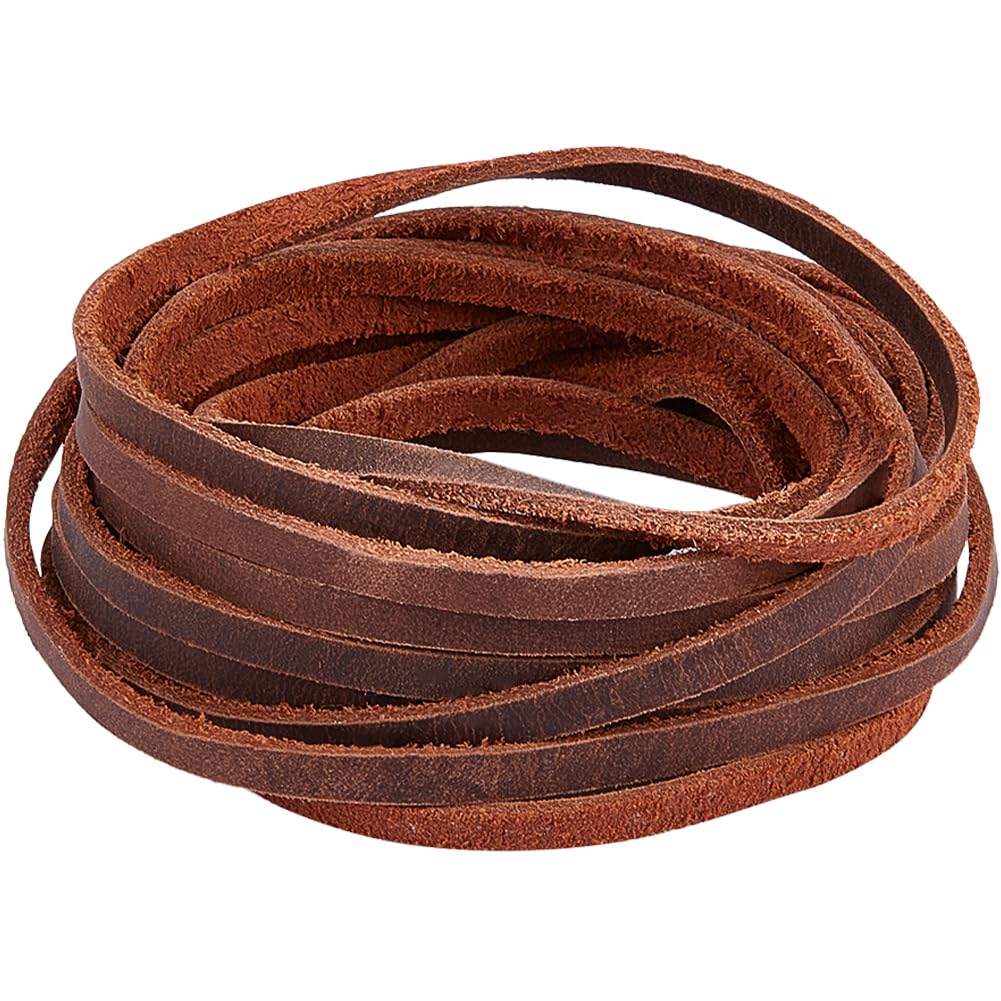 GORGECRAFT 5M Real Genuine Round Leather String Cord 5mm Wide Cowhide Leather Strip 2mm Thick Flat Leather Straps For Diy Crafts Necklace Bracelets Belts Boot Lace Jewellery, Saddle Brown