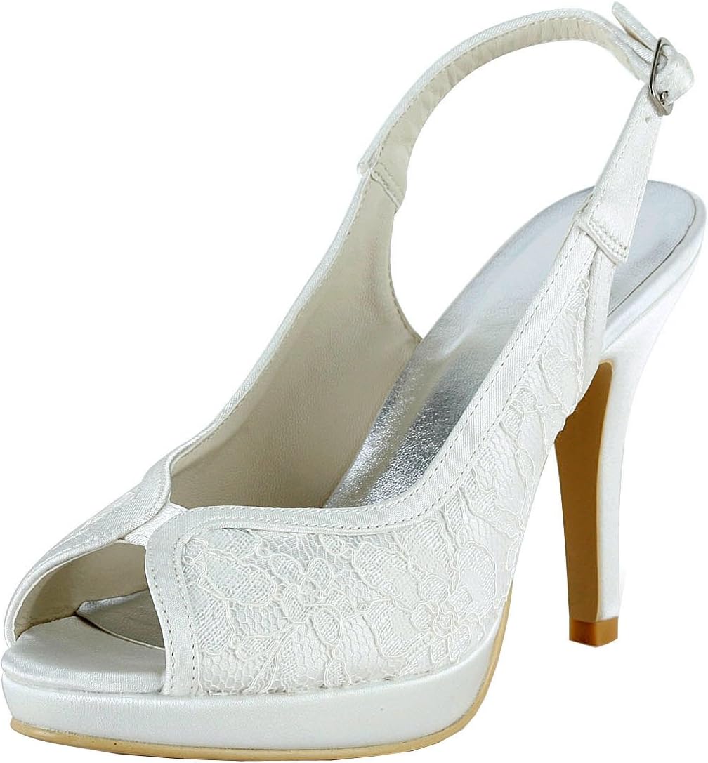 Minishion GYMZ650 Womens Open Toe Stiletto Heel Lace Slingback Platform Bridal Wedding Shoes