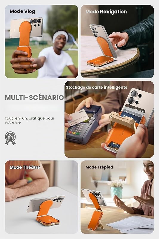 Portefeuille Magsafe avec Support [Anneau Magnétique Inclus] [Maintien 5 Cartes] [Support Réglable Trépied] Blocage RFID Porte-Cartes pour Samsung Galaxy S25 /S24/S23, iPhone 17/16/15, Corail — photo 4 sur 8