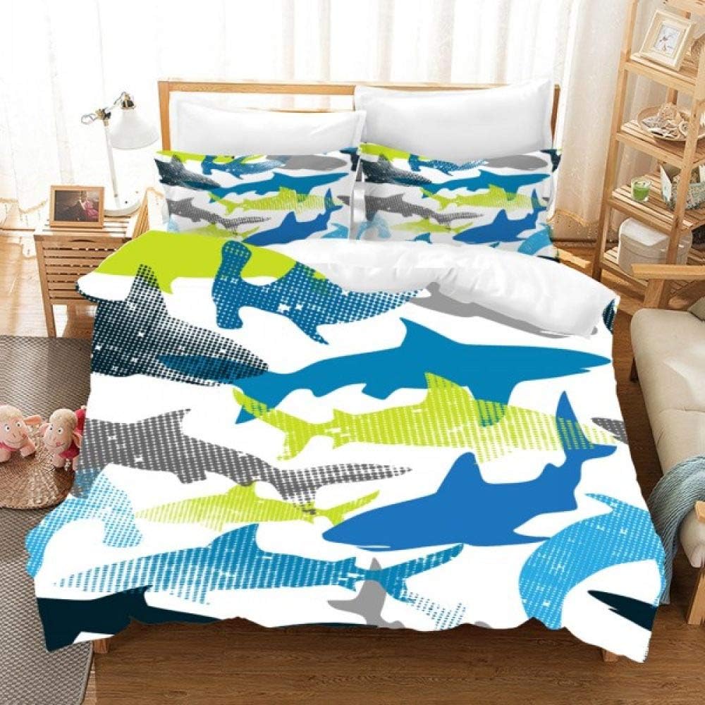 YZBEDSET Blue Green Yellow Shark Bedding Set Cartoon Shark Comforter Set for Kids Microfiber Duvet Cover Set Queen Double Bed Linen Set,Us Full 203X228Cm