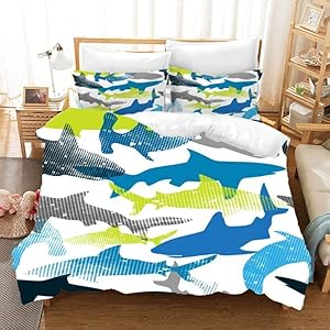 YZBEDSET Blue Green Yellow Shark Bedding Set Cartoon Shark Comforter Set for Kids Microfiber Duvet Cover Set Queen Double Bed Linen Set,Us Full 203X228Cm