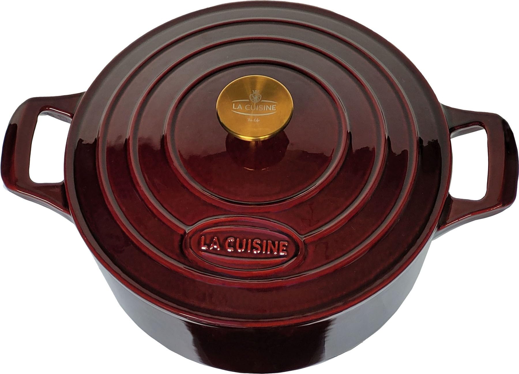 La Cuisine Gusseisen topf 26cm 4.75 L Bräter/Cocotte Auflaufform Kasserollen Brot Backen Dunkles Interieur backofengeeignet Induktion Vergoldeter SS-Deckelgriff Cranberry