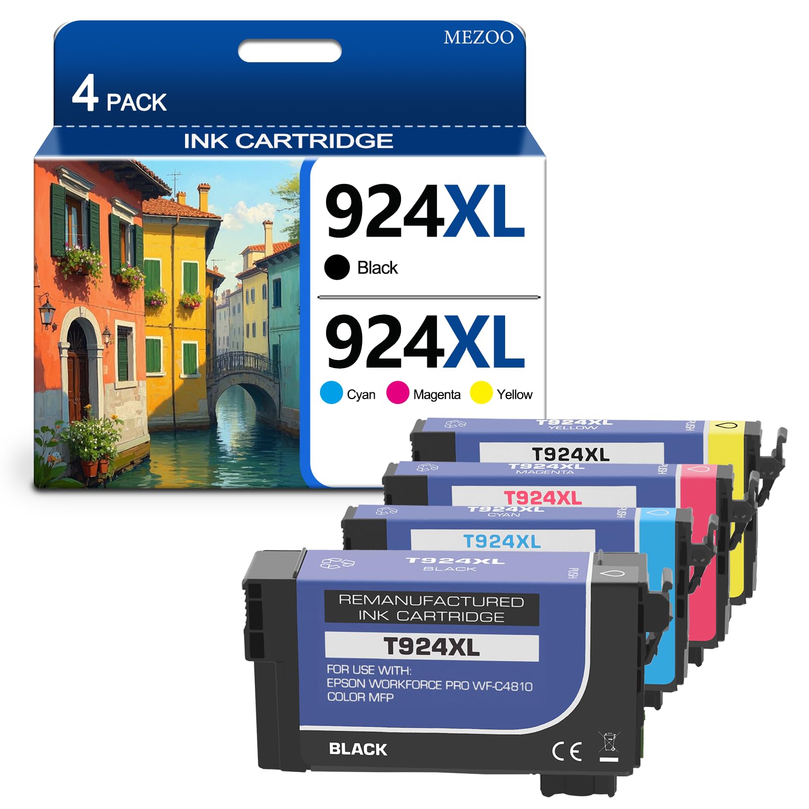 Photo 1 of MEZOO Remanufactured 924 924XL T924 T924XL Ink Cartridge High Yeild Compatible for Workforce Pro WF-C4310 WF-C4810 Printer (4 Pack,Black Cyan Magenta Yellow)