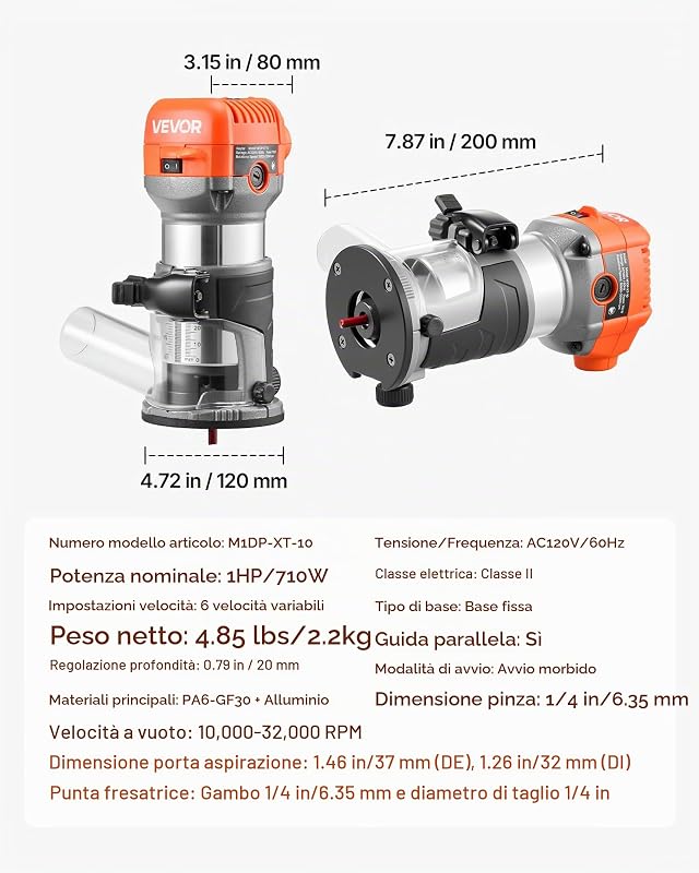 Rifilatrice Fresatrice per Legno con Cavo 710 W, Fresatrice Palmare Velocità Variabile Avviamento Graduale, Rifilatrice per Finitura Bordi Lavorazione Legno Profondità Regolabile max 20 mm