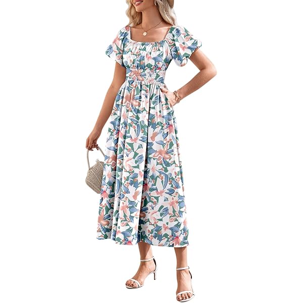 Duigluw Women's Boho Floral Midi Dress - Puffy Short Sleeve, U-Neck, Smocked Waist | Summer Casual Maxi Dress