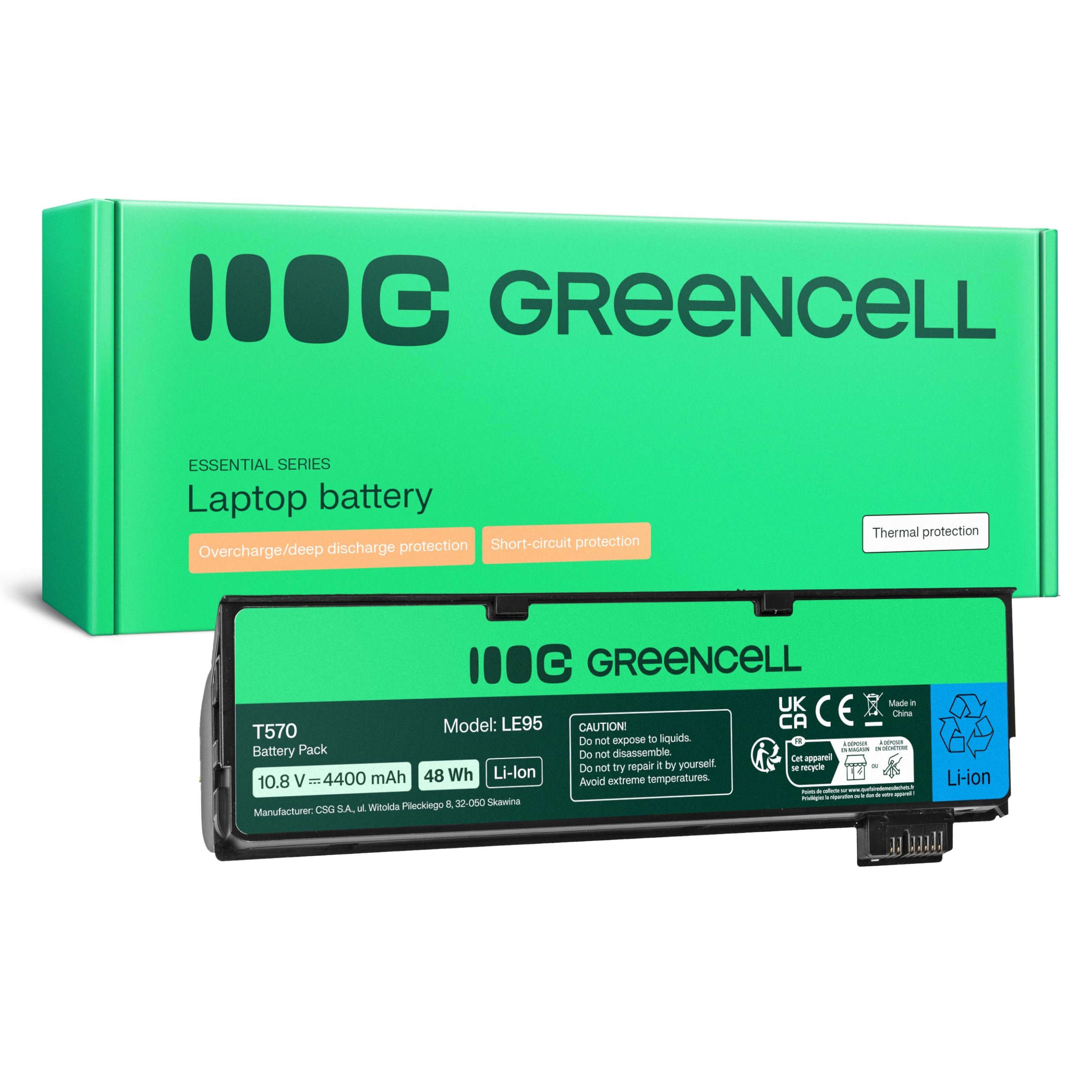 Green Cell® Extended Series 01AV424 Laptop Battery for Lenovo ThinkPad T470 T570 A475 P51S T25 6 Cells 4400 mAh 10.8 V Black