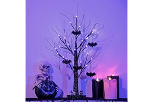 Vanthylit Halloween Tree, 2FT Spooky Black Tree Battery Operated with 24 Purple Lights and 8 Bats, Halloween Decorations Indoor Lighted Table Centerpiece with Timer for Mantel Office Haliday Decor