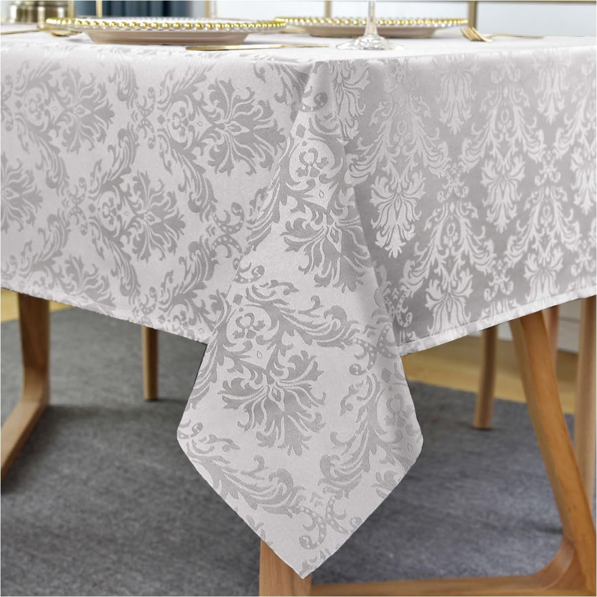 Rectangle Tablecloth -132 x 182CM Gray Damask Table Cloth Jacquard Design Spill Proof Wrinkle Resistant Waterproof Soft Polyester Oblong Table Cover for Kitchen Parties Tabletop