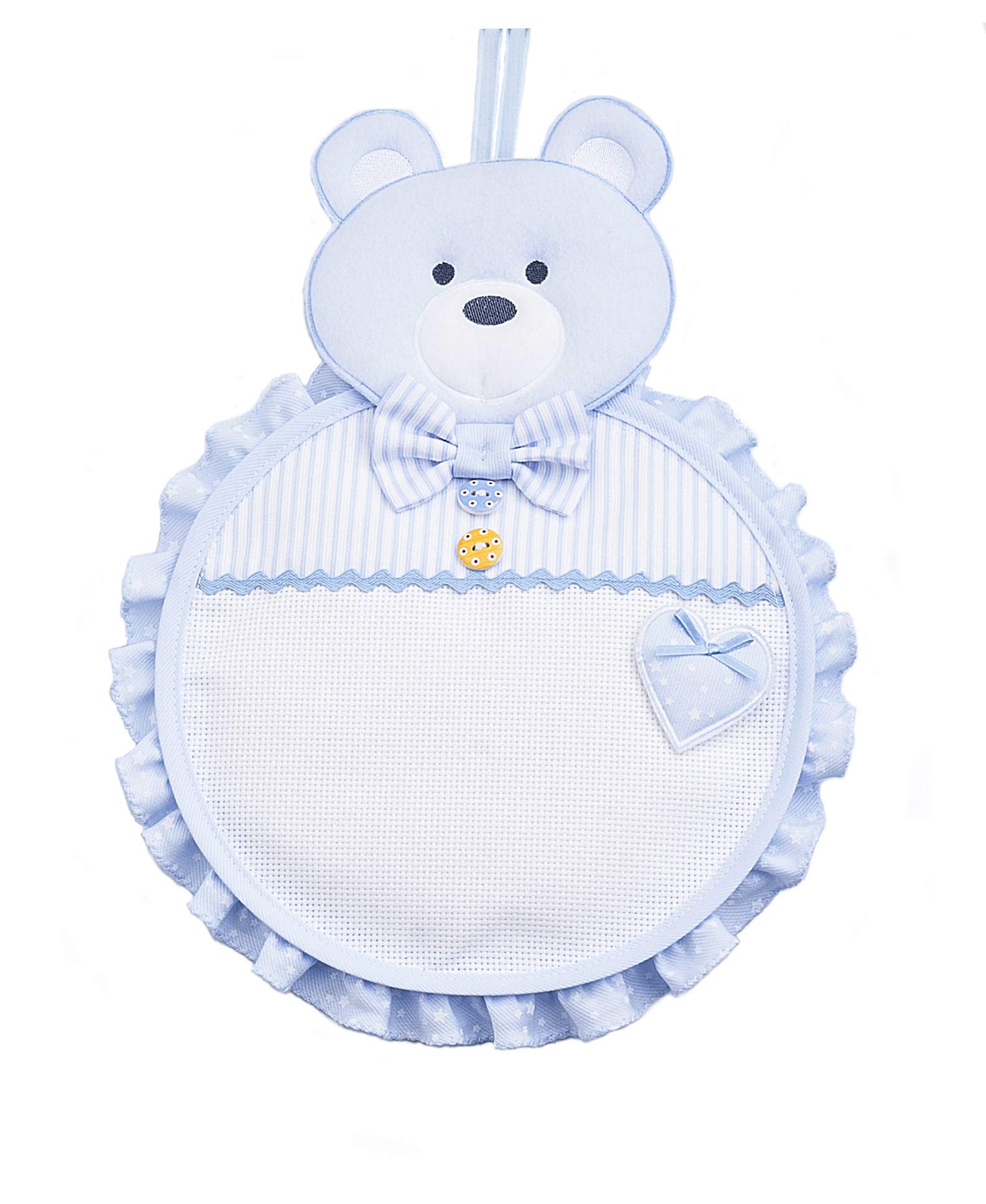 Filet - Birth Bow Bear with Embroidered Aida Fabric Insert - Blue