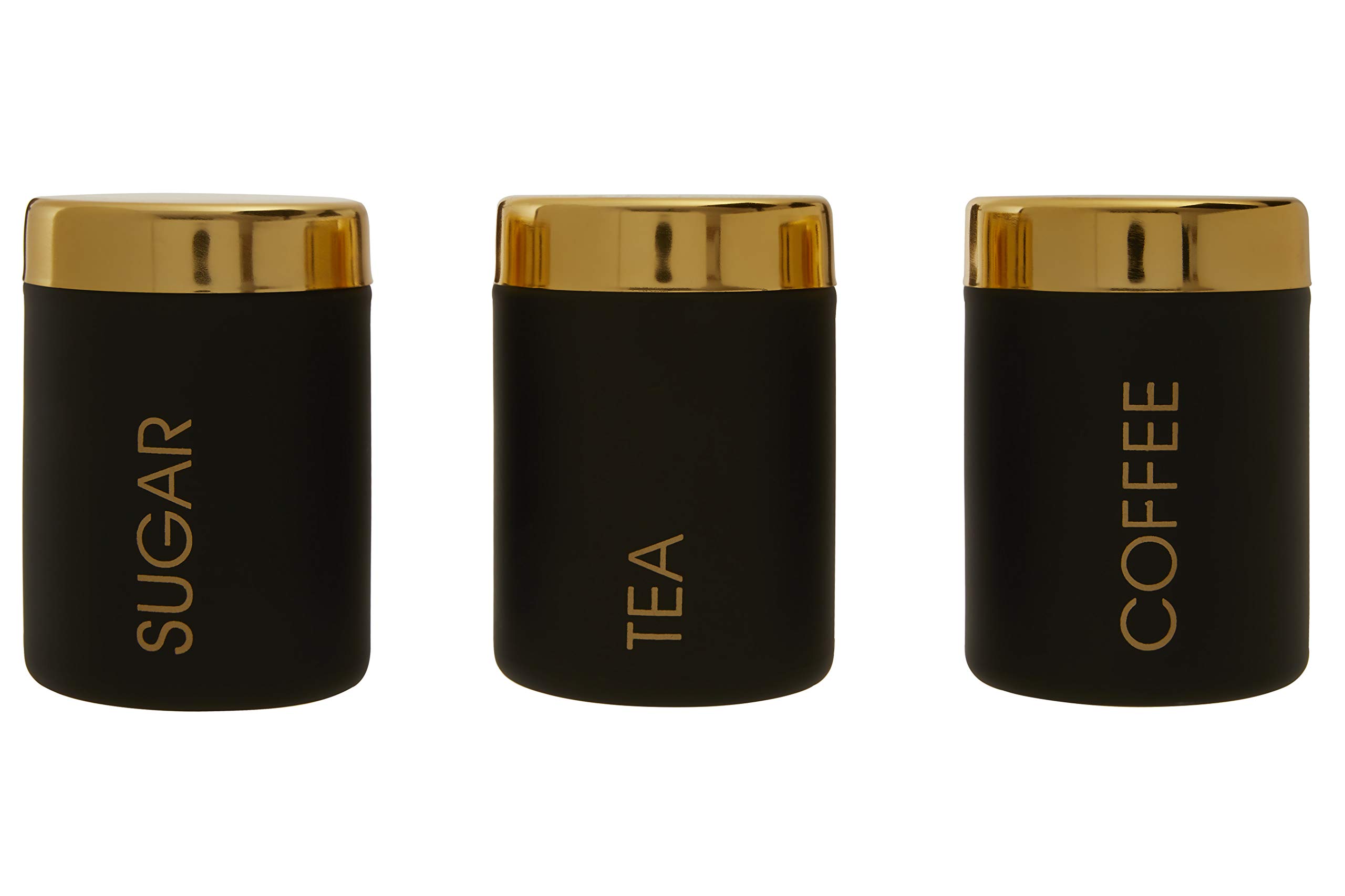 Premier Liberty Tea Coffee Sugar Canisters, Black Enamel, Gold Finish Lids - Set of 3