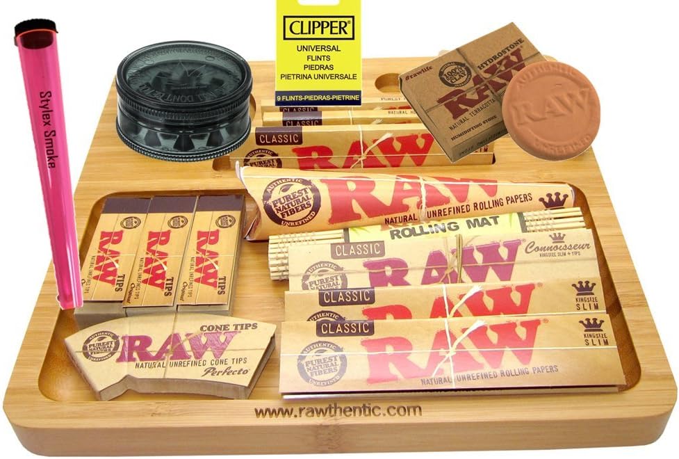 RAW Bamboo Tray Smoking Set, Grinder, Hydro-Stone, Rolling Paper Christmas Gift Set