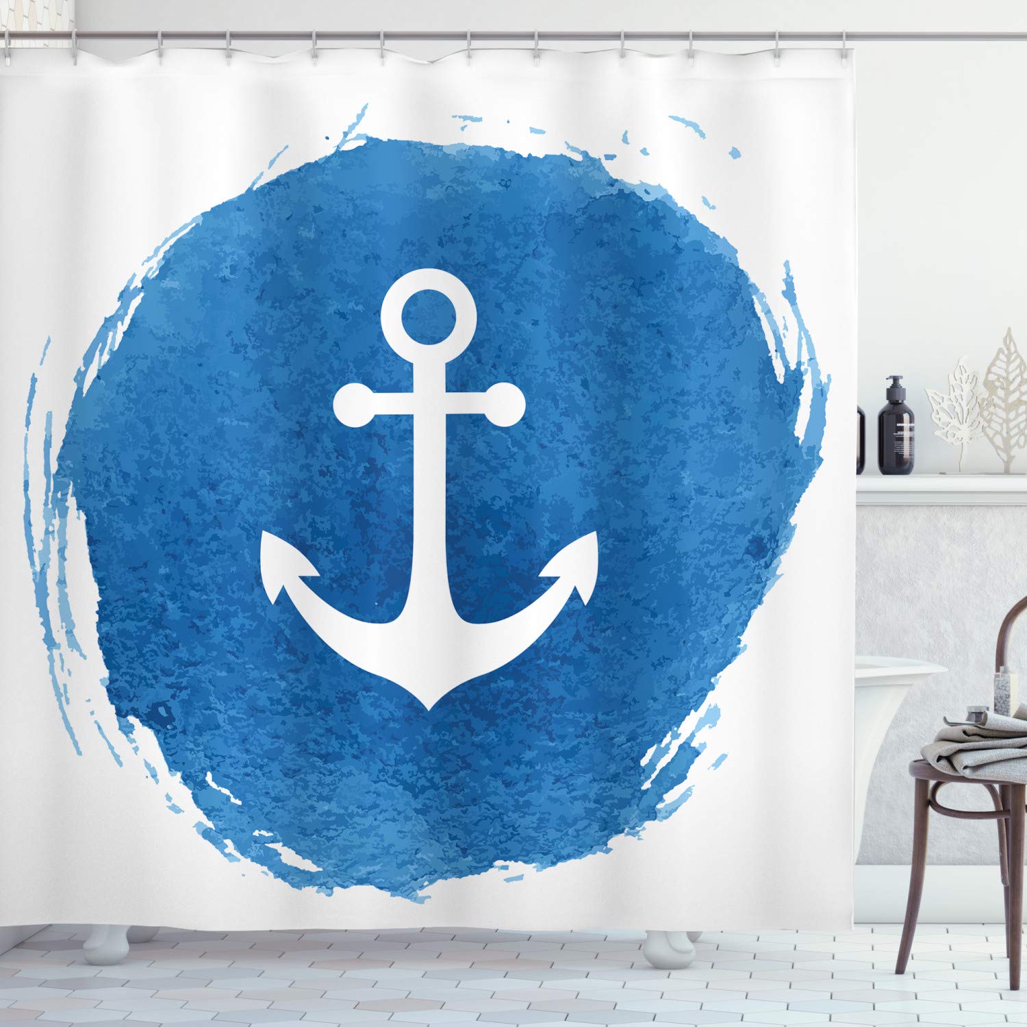 ABAKUHAUS Anchor Shower Curtain, Marine Watercolors Effect Deep down Sea Stay Calm and Firm Artwork Print, Cloth Fabric Bathroom Decor Set with Hooks, 94 Inches, Blue White