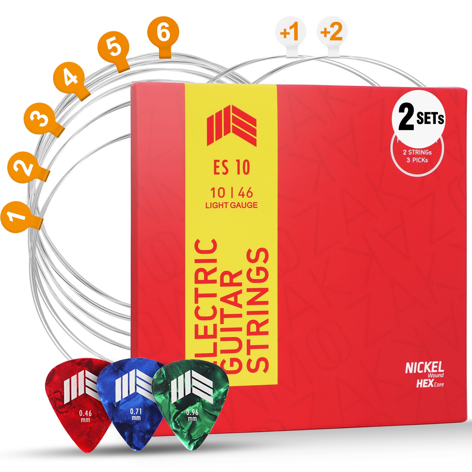 MOOZAK Electric Guitar Strings 10-46 2 Packs, Nickel Guitar Strings Set, Bonus 1st & 2nd String, 3 Guitar Picks, Regular Slinky Guitar Strings