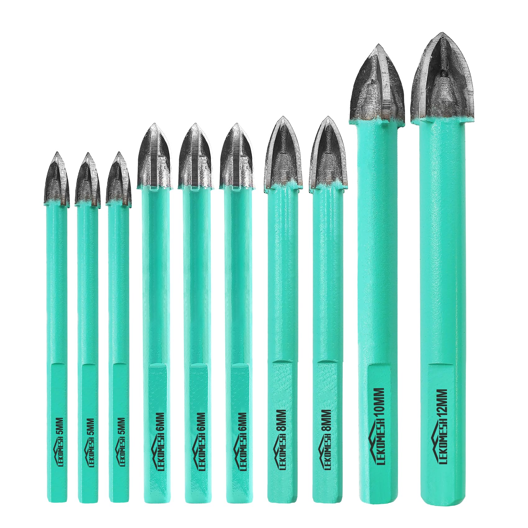 LEKOMESH Masonry Concrete Drill Bits - 10pcs 5 * 3/6 * 3/8 * 2/10/12mm Carbide Drill Bits Tip for Wood, Plastic, Masonry, Ceramic Tile, Concrete, Marble, Triangle Shank