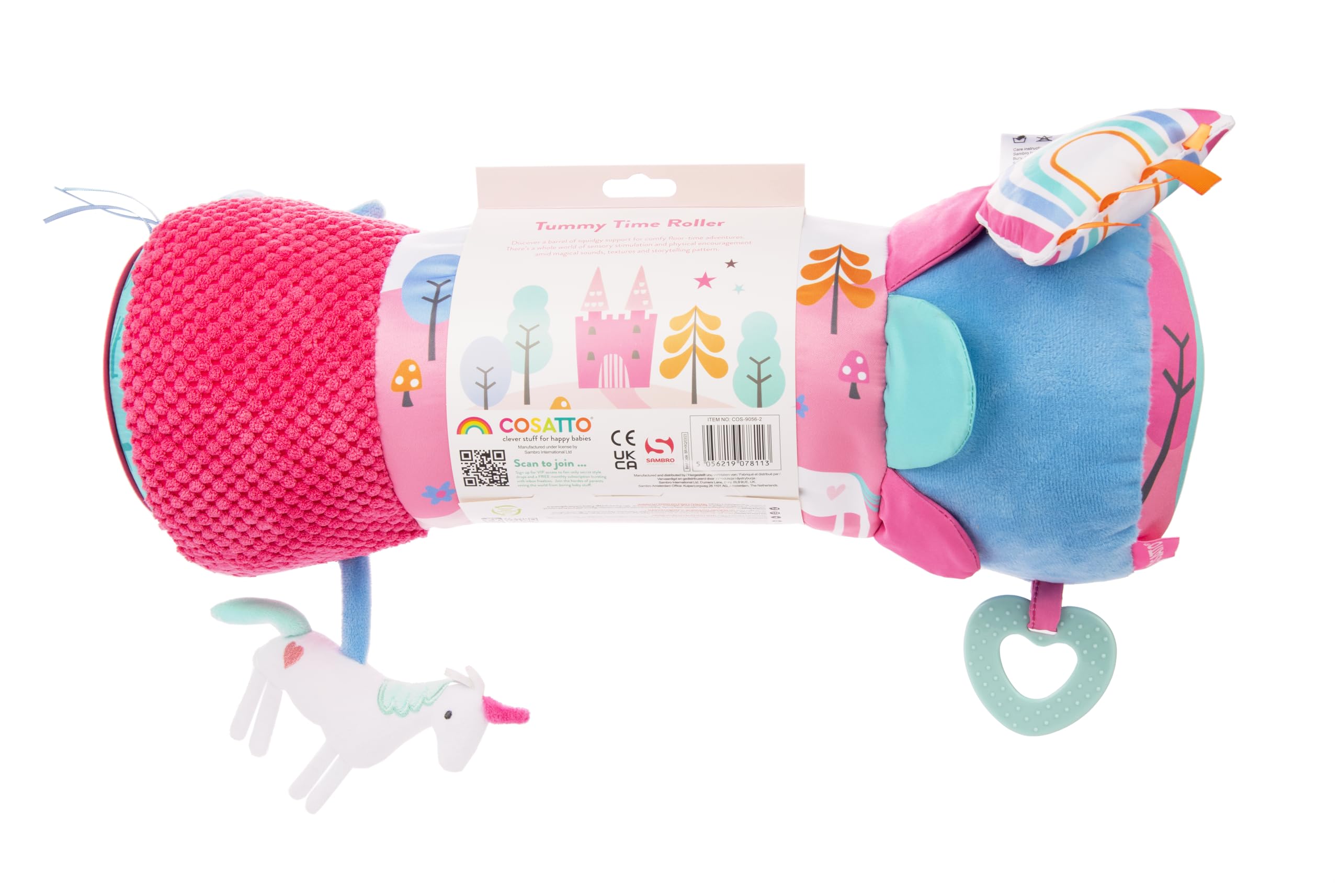Cosatto Interactive Tummy Time Roller Pillow | Soft Baby Sensory Roll Toy | Suitable from 0-6 Months | Pink Unicornland