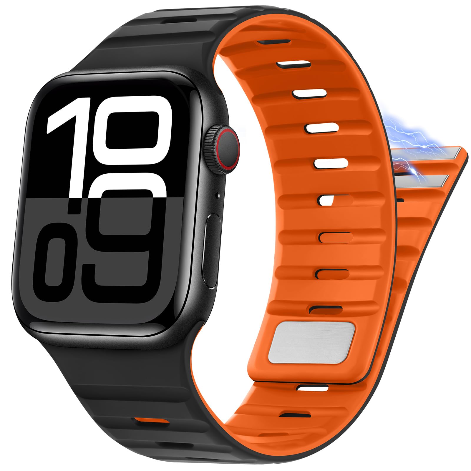 Suphart Compatible with Apple Watch Strap 49mm 46mm 45mm 44mm 42mm 41mm 40mm 38mm, Magnetic Silicone Sport Strap for Apple Watch Ultra 2 Ultra SE Series 10 9 8 7 6 5 4 (42/41/40/38, Black Orange