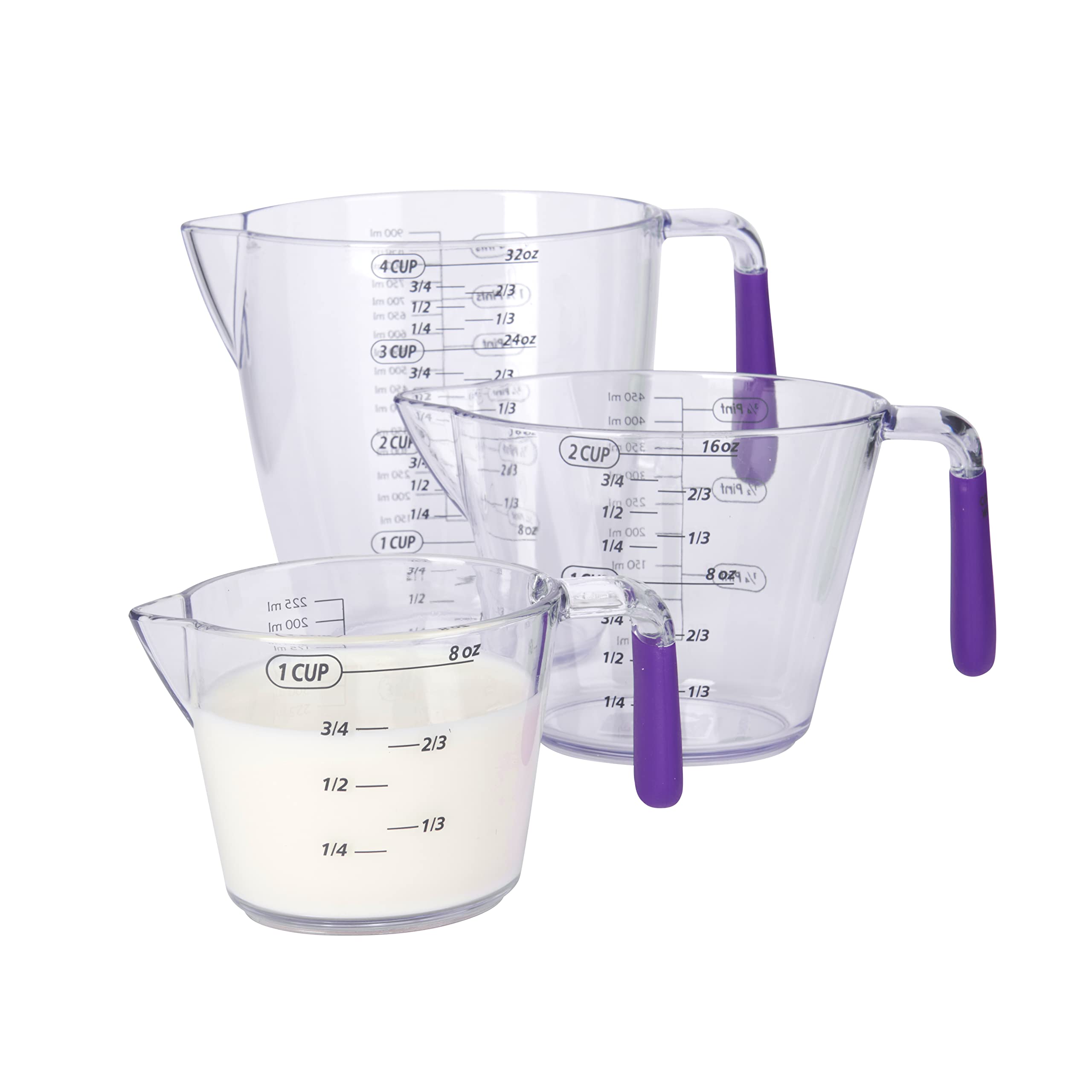 Colourworks Measuring Jug Set, 3-Piece Plastic Measuring Jug with 200, 400 and 900ml Jugs, Purple
