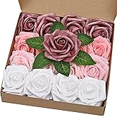 BLEUM CADE 16Pcs Artificial Flowers Fake Roses with Stems, Gradient Dusty Rose Boxed Foam Roses for DIY Bouquets Centerpieces Wedding Party Arrangement Bridal Shower Decor