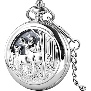 Dentily Exquise Train/Deer Quartz Pocket Watch Starry Blue Dial Roman Numerals Pocket Watches Christmas Birthday Gifts