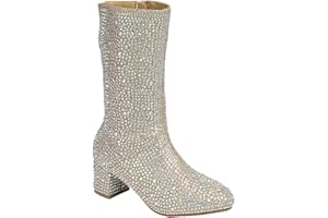 ABSOLEX Girl's Rhinestone Round Toe Knee High Chunky Low Heel Boot