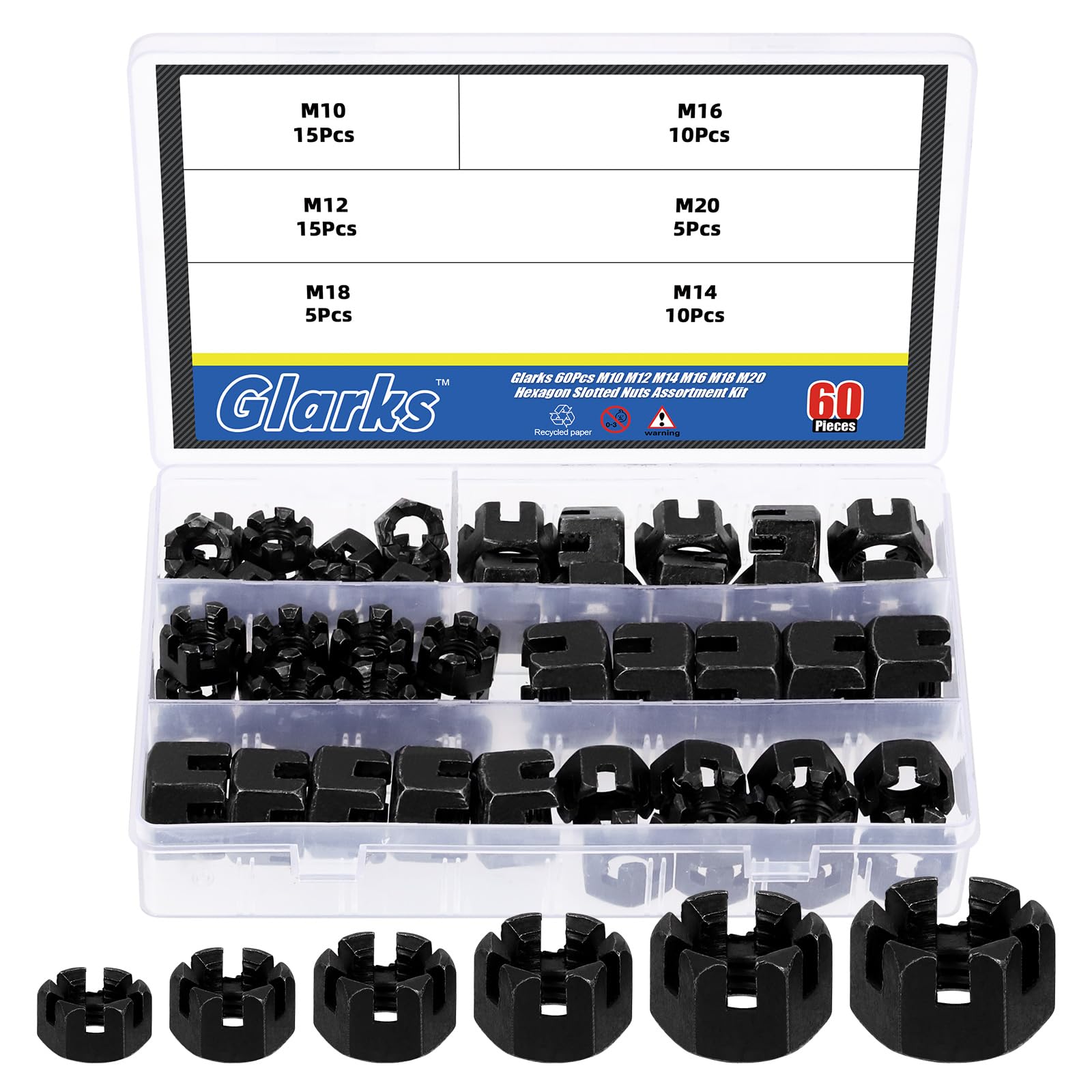 Glarks 60pcs M10 M12 M14 M16 M18 M20 zwarte zeshoekige gesloten moeren assortiment kit, 6 grootte koolstofstaal heks kasteel moeren voor auto Moto meubelbevestigingsmiddelen reparatie