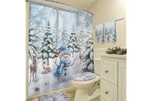 Maasechs 6 Pcs Christmas Snowman Shower Curtain Sets Winter Bathroom Set with Waterproof Shower Curtain 72 x 72 Inches Toilet Lid Cover Towel U Shaped Rugs Non Slip Bath Mat Hook for Bathroom Decor