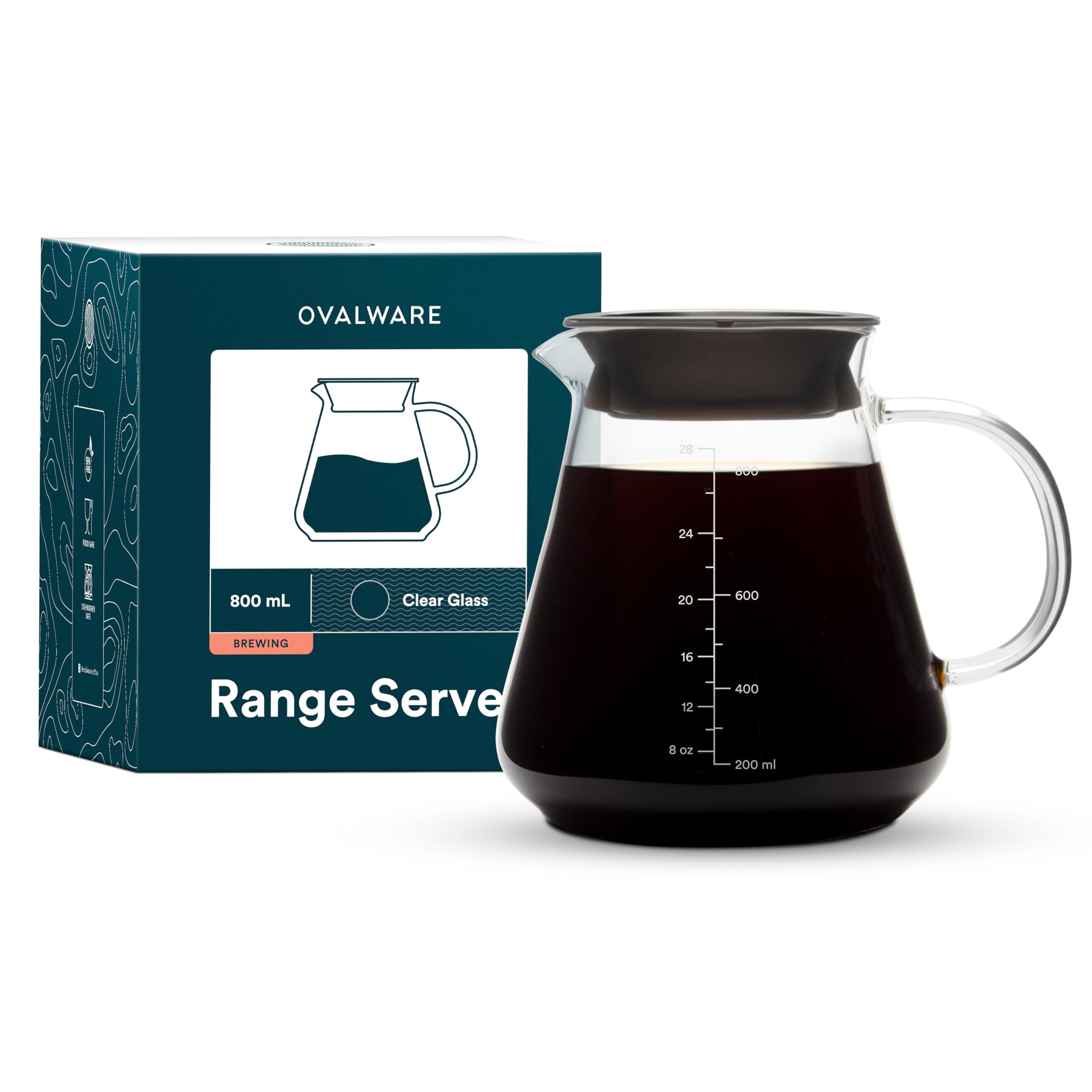 Glass Range Coffee Server Four Pour Over Coffee & Tea - 800ml/27oz Ovalware Microwave Safe & Heatproof 2.5mm Thick Glass Body