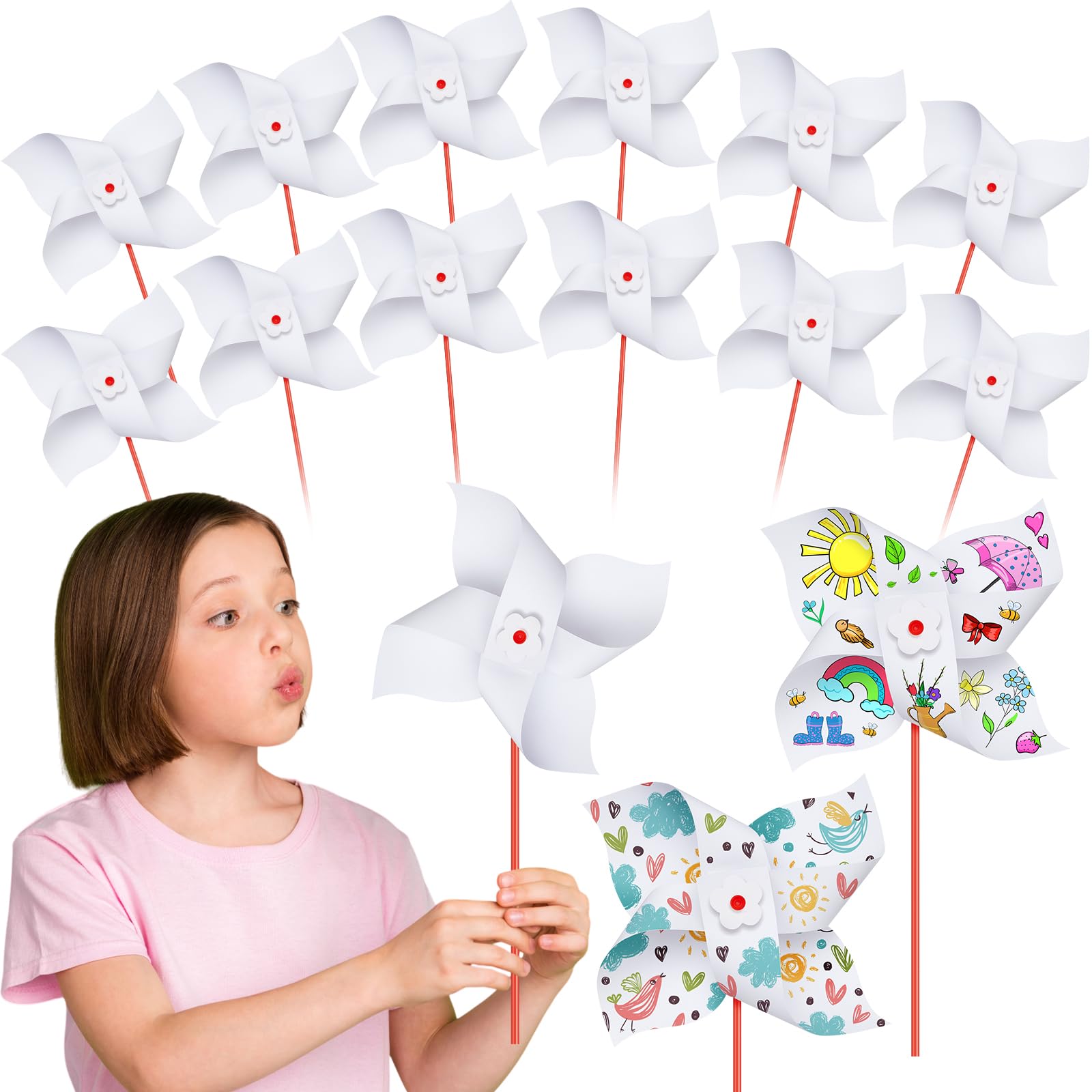 Photo 1 of 12 Pcs DIY Paper Pinwheels for Kids Bulk Fall Summer Craft Kits White Blank Paper Pinwheels for Girl Boy School Group Activities Daycare Home Graffiti Art Craft Party Halloween Christmas (9.06 Inch)