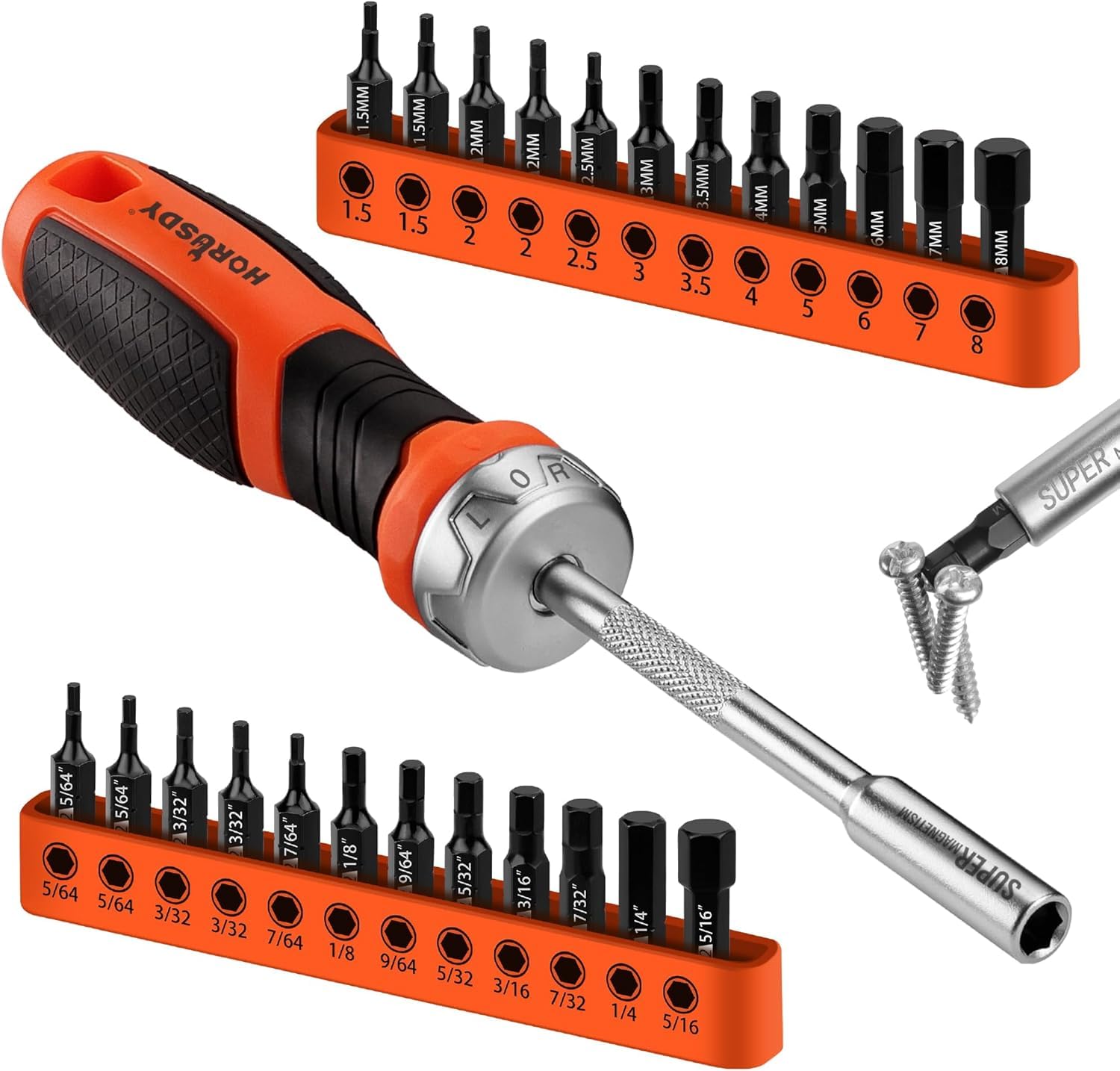 HORUSDY 25-Piece Hex Screwdriver Bit Set | Metric and SAE Hex Bit Set 1/4 inch Ratcheting Magnetic Bit Driver
