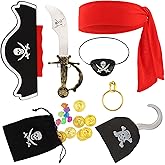 Chanaco 7Pcs Pirate Costume Accessories Hat Bandana Eye Patch Sword Captain Hook and Earring Pirates Party Decorations Halloween Cosplay Birthday Outfit Set Supplies