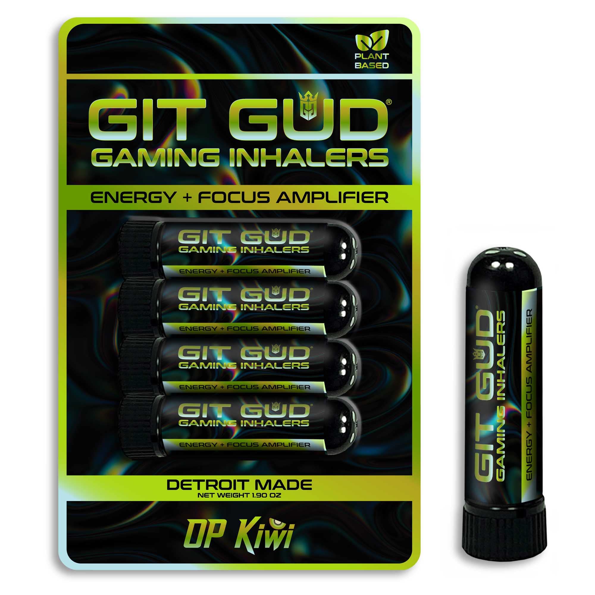 GIT GUD Elite Nasal Inhaler Stick 4-Pack | Energy, and Focus for Instant Wake Up | Stimulating Scent, Vapors | Powerful Nose Aromatherapy with Mint Essential Oil | OP Kiwi (4 Pack)