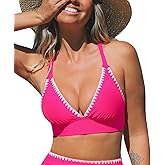 CUPSHE Womens Bikini Top Swimsuit Deep V Neck Top Crisscross Back Tie Shell Stitching Adjustable Straps