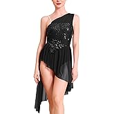 ODASDO Women Lyrical Dance Costume One Shoulder Mesh Tulle Leotard Dress Modern Contemporary Dancewear XS-XL