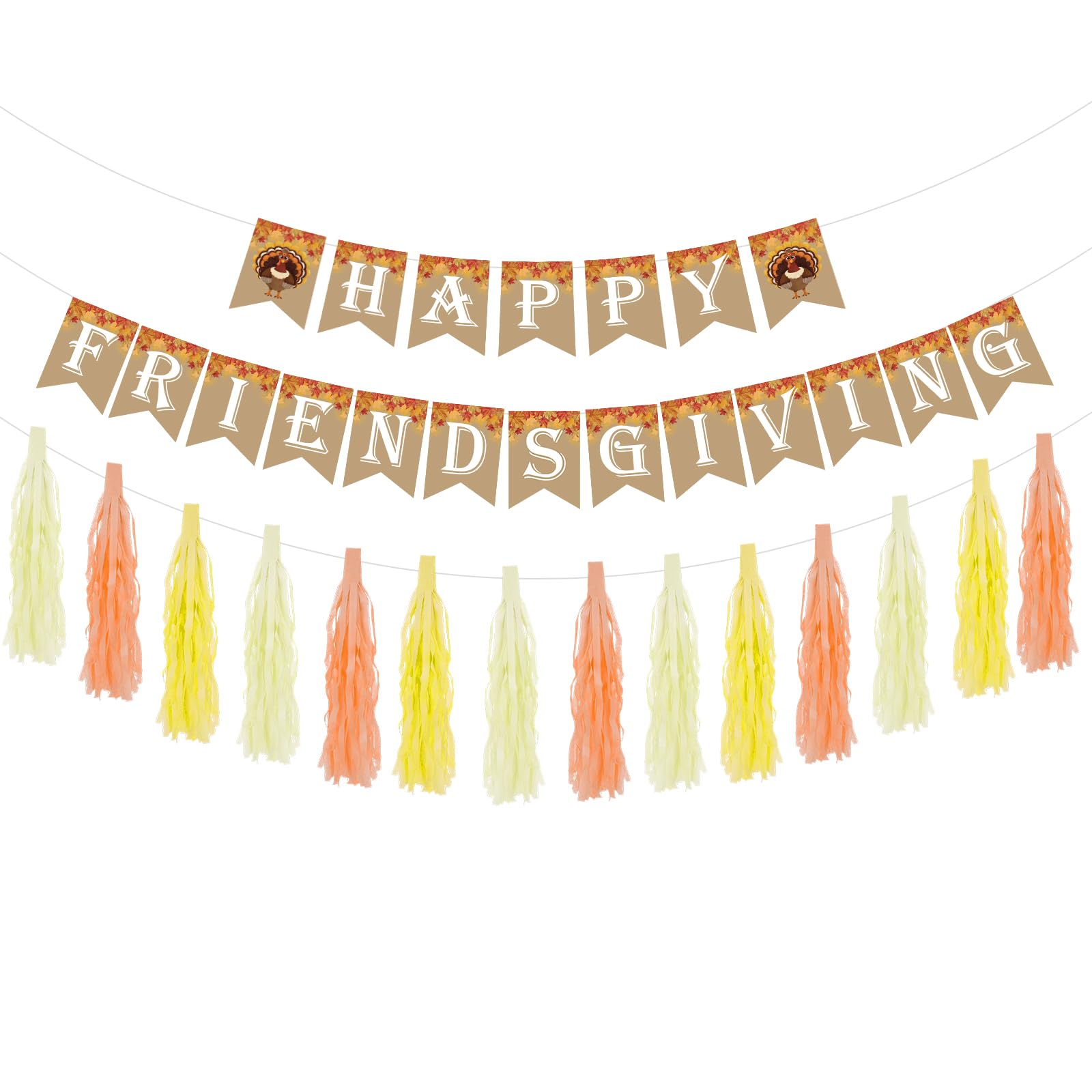 Photo 1 of *2 pack* VorkiVecKi Friendsgiving Banner Party Decorations - 3 Pcs Paper Happy Thanksgiving Streamer Fringe Garland Tassel Bunting Thanks Giving Friends Thankful Rustic Maple Turkey Decor Supplies Wall Door