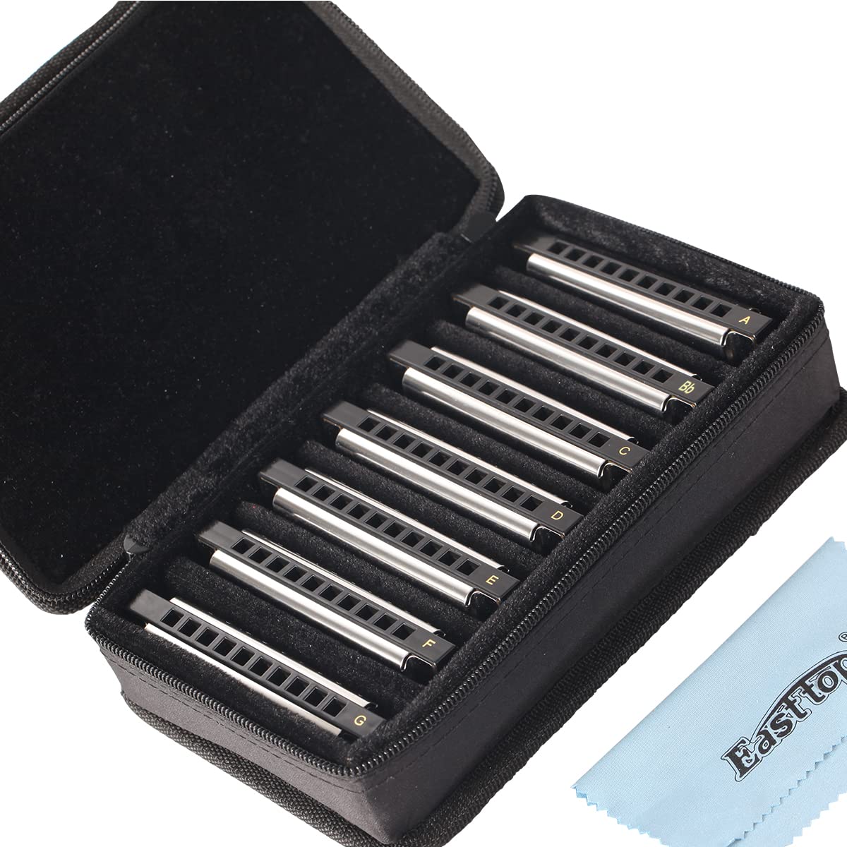 East top Harmonica set of 7, 10 Holes blues harmonica set, 20 Tones mouth organ Diatonic Harmonica set For Adults, Professional Players and Students, as a gift