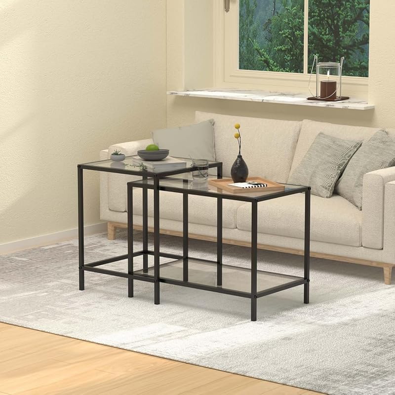 Couchtisch aus Glas,couchtisch,Wohnzimmertisch,Living Room Table Quadratisch Couchtisch 2er Set, Coffee Table,Beistelltisch, Sofatisch für Schlafzimmer, Wohnzimmer, Büro (Schwarz) — Foto 5 von 8