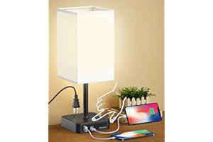 Bedside Table Lamp with USB A & USB C Charging Port and 2 AC Outlet, Touch Control Bedroom Lamp with Charger Base and Black F
