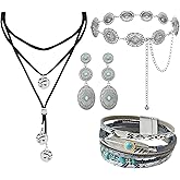 Zobnexts Western Accessories Cowgirl Jewelry Set Western Metal Concho Belt Earrings Boho Faux Leather Leopard Multi-Layer Crystal Bracelets Layered Necklaces Vintage Country Concert Jewelry Gifts