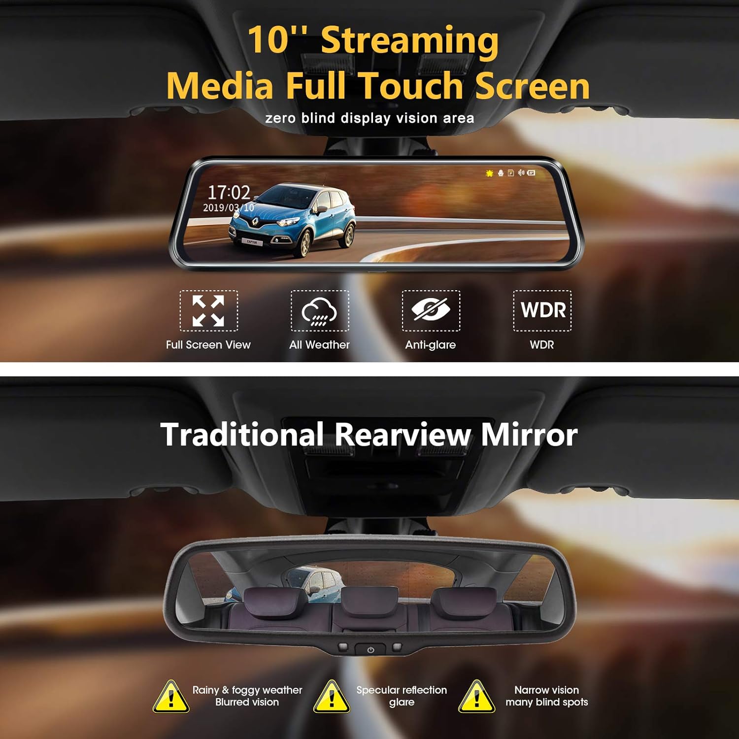 2026 Upgraded10 Inch Mirror Dash Cam Night Vision 1080P Full Touch Screen Dual Dash Cam Front and Rear Camera Car Rear View Mirror Loop Recording 170° Wide Angle Parking Assistance - Image 4