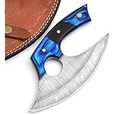 Handmade Damascus Steel Ulu Knife - Alaskan Damascus Ulu Knife With Sheath - Damascus Alaska Knives For Men and Women - Skinning, Chopping,Rocking, Mincing, Slicing Meat & Herb (1515 blue,black)
