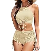 Sucrefas Women High Waisted Shorts Bikini Sets Tummy Control Swimsuit Two Piece Halter Drawstring Bathing Suit