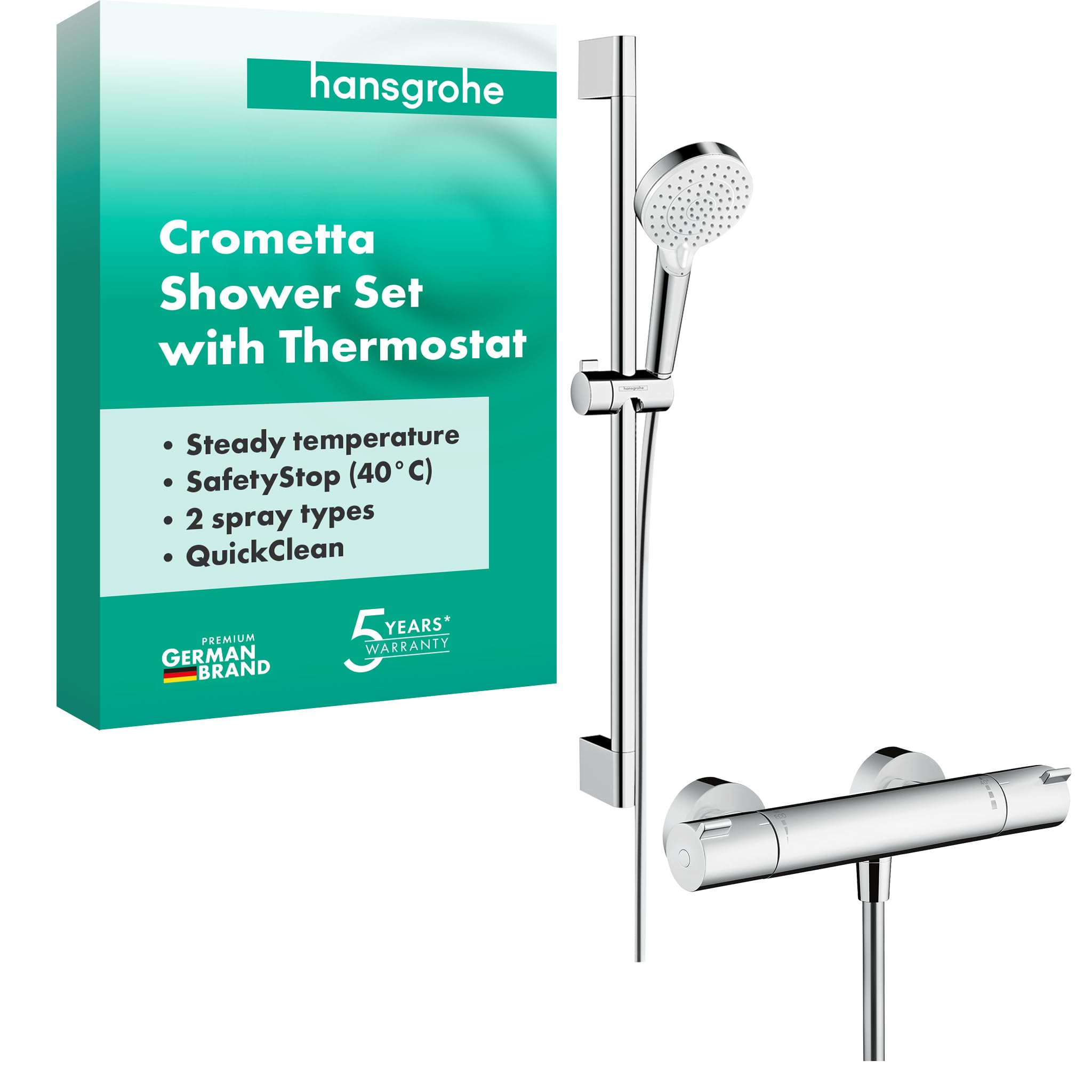 hansgrohe Crometta - shower set with thermostat Ecostat 1001 CL, shower head, shower bar 65cm, shower hose 160cm and shower head holder, hand shower with 2 sprays, chrome, 27812400