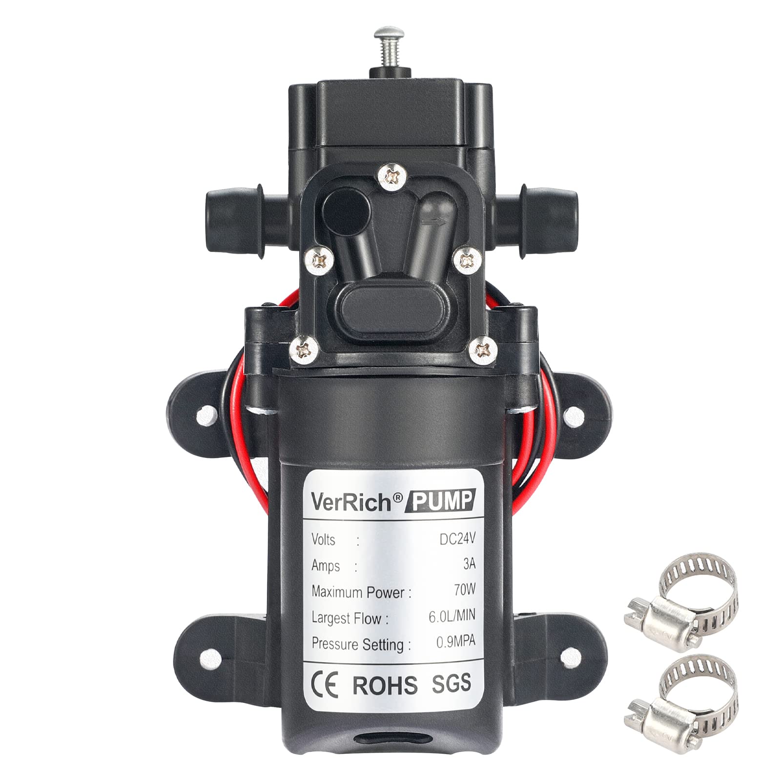 VerRich 24V Water Pumps Diaphragm Pump Without Pressure Switch for Garden,Pool Draining(Straigt Connector with 2 Adjustable Hose Clamp)