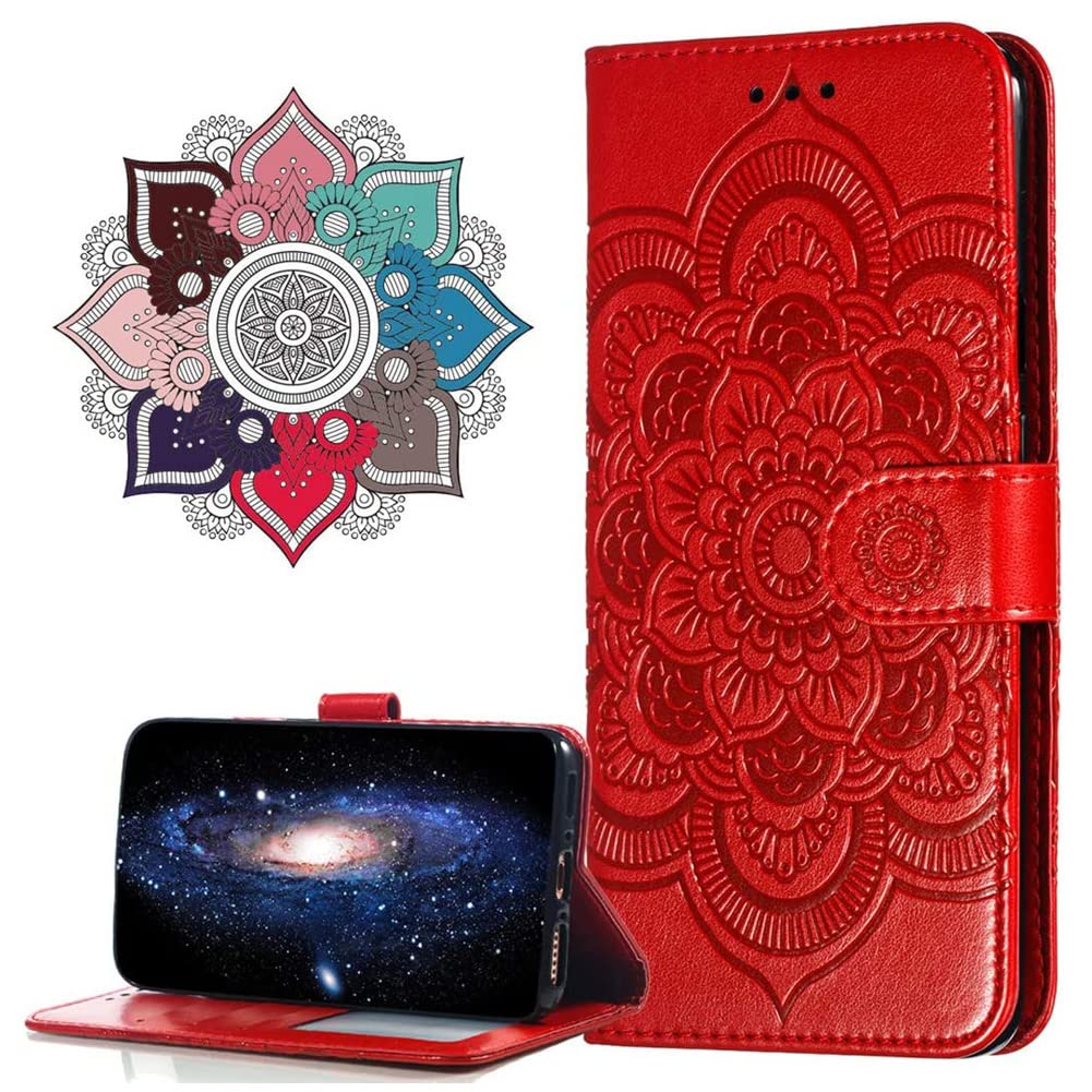 IMIRST Flip Case for iPhone 16 Plus PU Leather Wallet Closure Embossed Shockproof Cover with Kickstand Card Slots Holder for Apple iPhone 16 Plus. LD Mandala Red