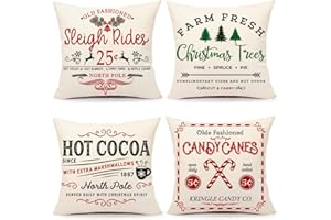 4TH EMOTION Farmhouse Christmas Pillow Covers 18x18 Set of 4 Winter Holiday Decorations Xmas Rustic Throw Cushion Case for Sofa Couch Home Decor (Sleigh Rides, Farm Fresh Tree, Cocoa, Candy Canes)