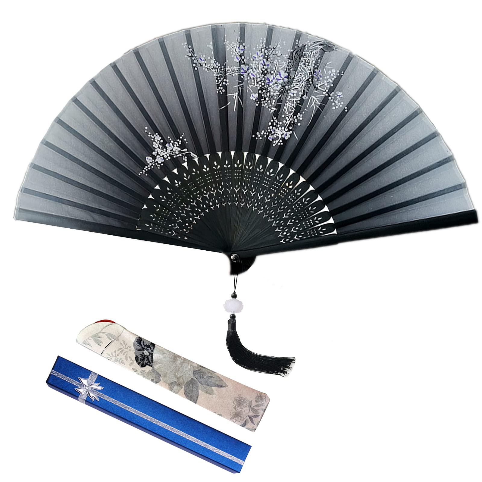Folding Hand Fan with Lotus Pendant, Silk Fabric Handheld Fans Hand Fan Folding with Gift Box, Hollow Carved Bamboo Hand Fans for Birthday Gifts, Dancing, Performance, Wedding, Home Decoration (Black)