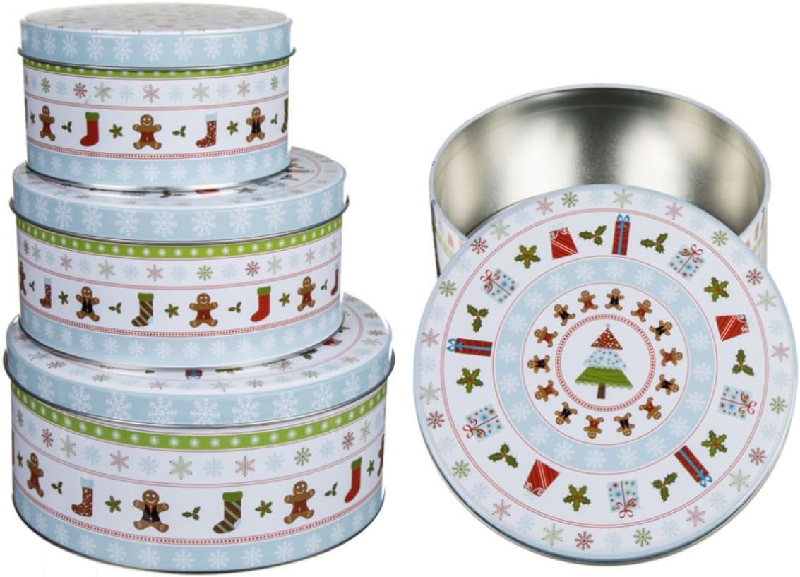Biscuit Tin, Biscuit Tin Storage Tins with Christmas Tree and Gingerbread Motif Set of 3
